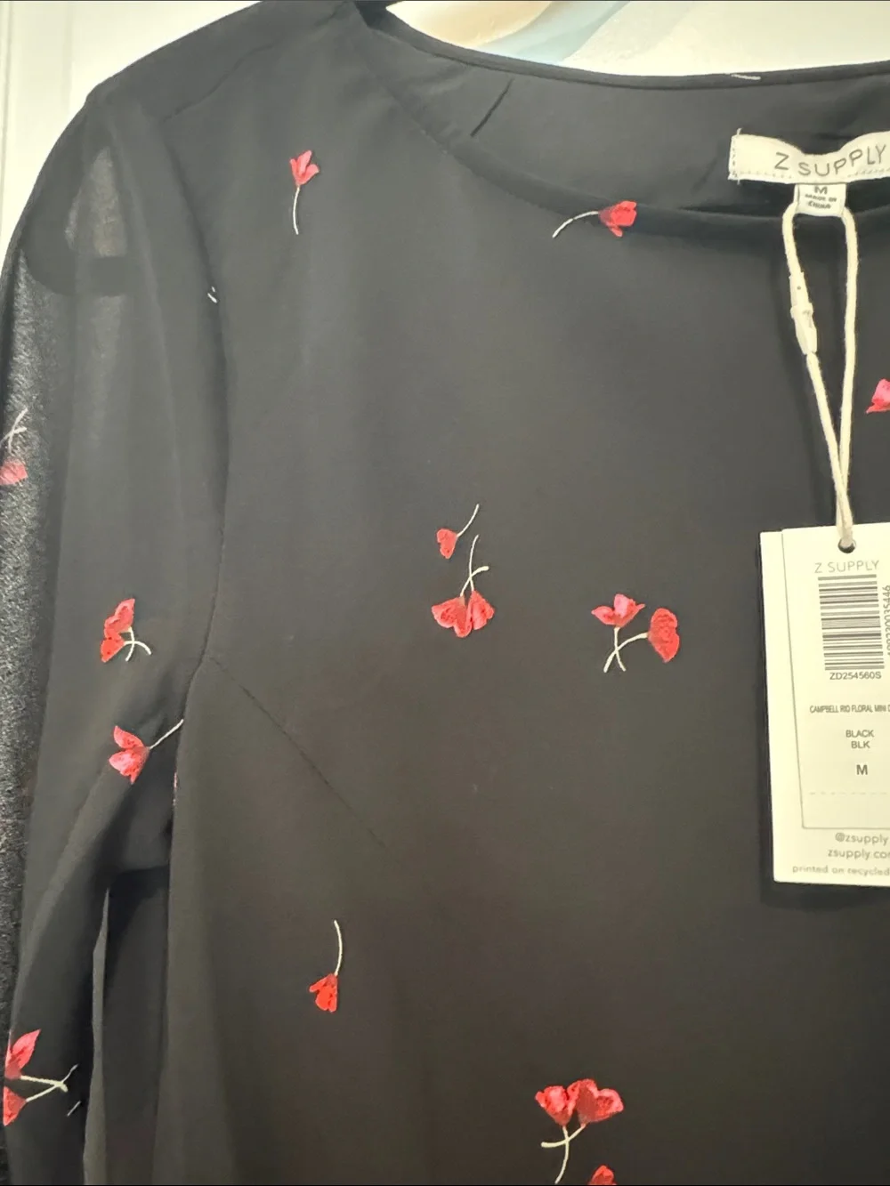 Black Long-Sleeve Floral Mini Dress with Red Rose Print - Picture 3 of 4